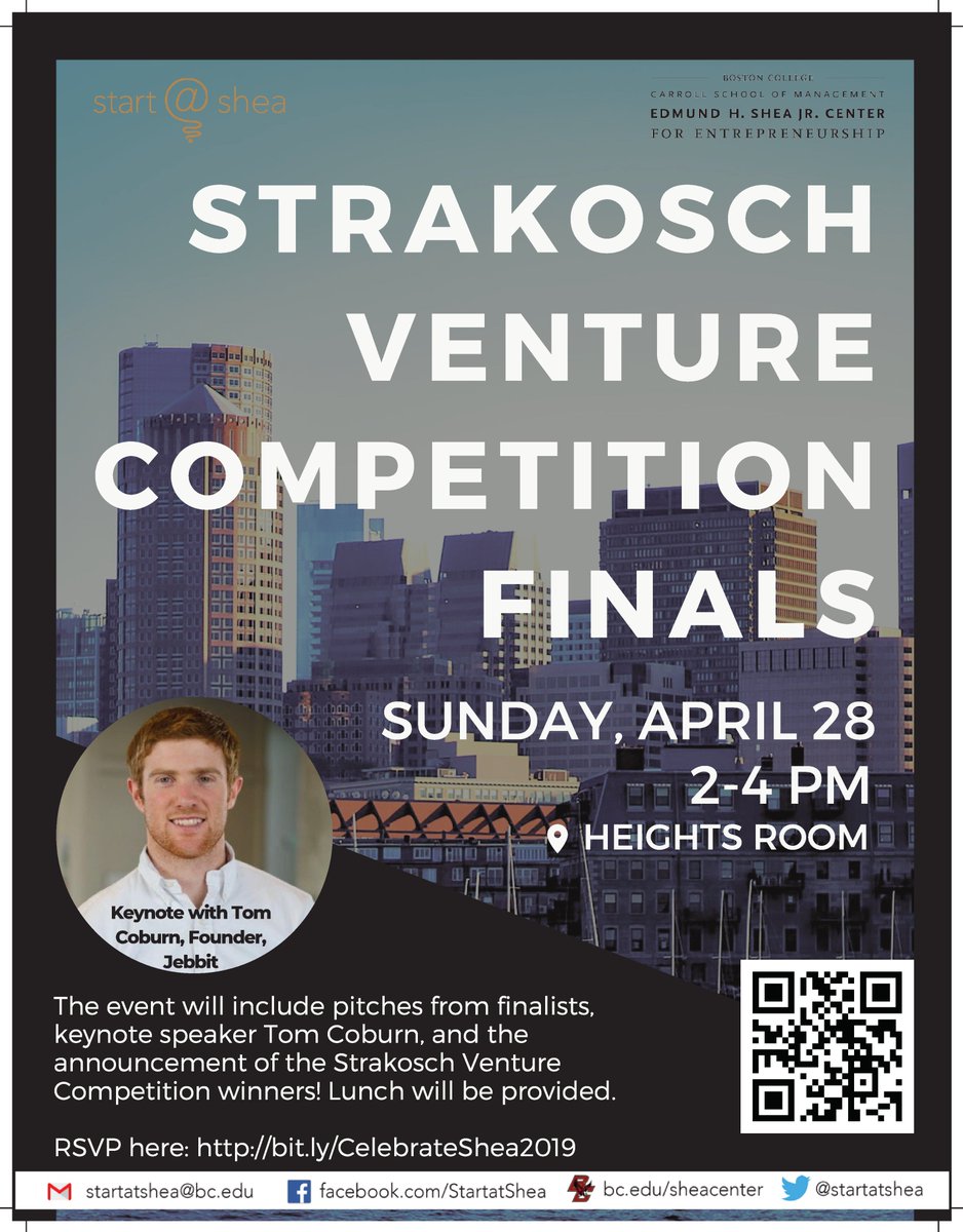 BCSheaCenter's tweet photo. Join us for an afternoon of celebration! The event will feature keynote speaker, @TomCoburn1, founder of @Jebbit, pitches from the Strakosch Venture Competition finalists and the announcement of the winners! RSVP: https://t.co/vjhYulzlzW @StartatShea https://t.co/Z3btpNfOdX