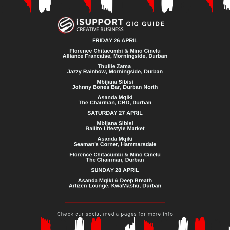 isupportdoyou's tweet photo. #gigguide so much exciting live music coming up. Where are you going to be? @ConcertsSA #venuecircuit #mobilityfund @mbijanasibisi @asanda_mqiki @artevivaSA @fchitacumbi1 #deepbreath @AFDurban #jazzyrainbow @thulilez @ArtizenLounge #lifestylemarket https://t.co/8jvG8qHdUa