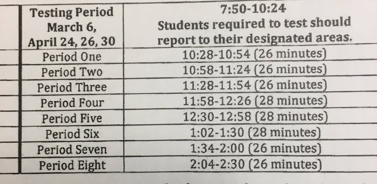 PCSDparmasenior's tweet photo. Testing schedule for tomorrow and upcoming testing dates. Tomorrow is US History and US Government State Tests. Please check your email for further communication from Principal Spagnola. https://t.co/TysaWC2pJS