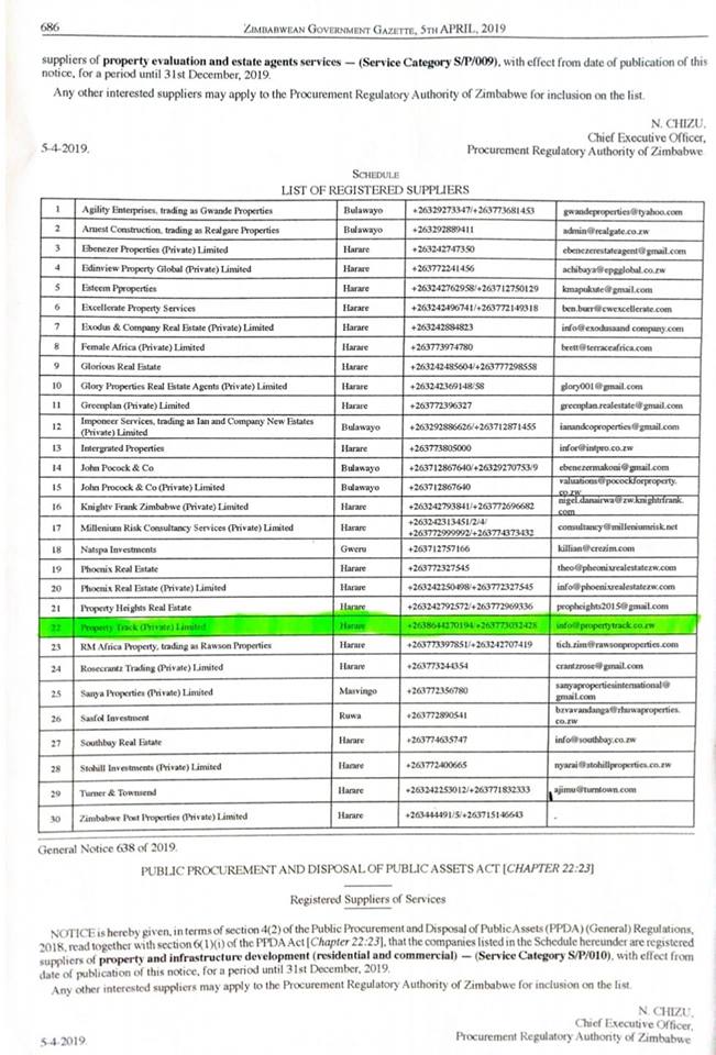 property_track's tweet photo. Property Track P/L is registered with the Procurement Regulatory Authority of Zimbabwe 🇿🇼 (PRAZ) as a supplier of Property Valuation services - (Service Category S/P/009 in terms of the Public Procurement and Disposal of Public Assets Act (chapter 22:23). https://t.co/mNu8r4xWnv