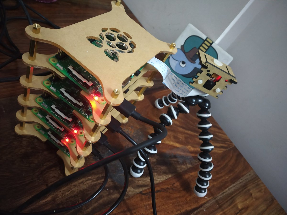#5 Node <a href="/Docker/">Docker</a> Swarm Mode Cluster running on <a href="/Raspberry_Pi/">Raspberry Pi</a> ~ Done 
#5 MP Camera module placed on small &amp; flexible Tripod ~ Done
Acrylic adjustable Camera Mount module ~ Done
Next Hop ~ Final testing with containerized Object Detection &amp; Analysis...100% Excitement...