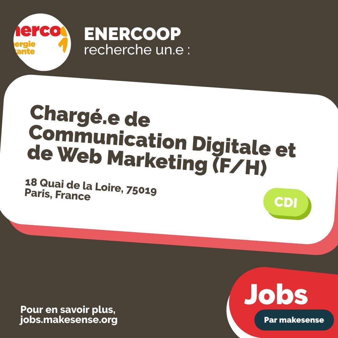 jobsthatmakese1's tweet photo. 🆕 Nouveau job publié : Chargé.e de Communication Digitale et de Web Marketing  (F/H) [CDI]
🏬 ENERCOOP 🌎 18 Quai de la Loire, 75019 Paris, France

À voir sur jobs_that_makesense 👉https://t.co/GMEu9MoOhJ

#jobthatmakesense #jobsthatmakesense #ESS #e https://t.co/QnybElGwhH