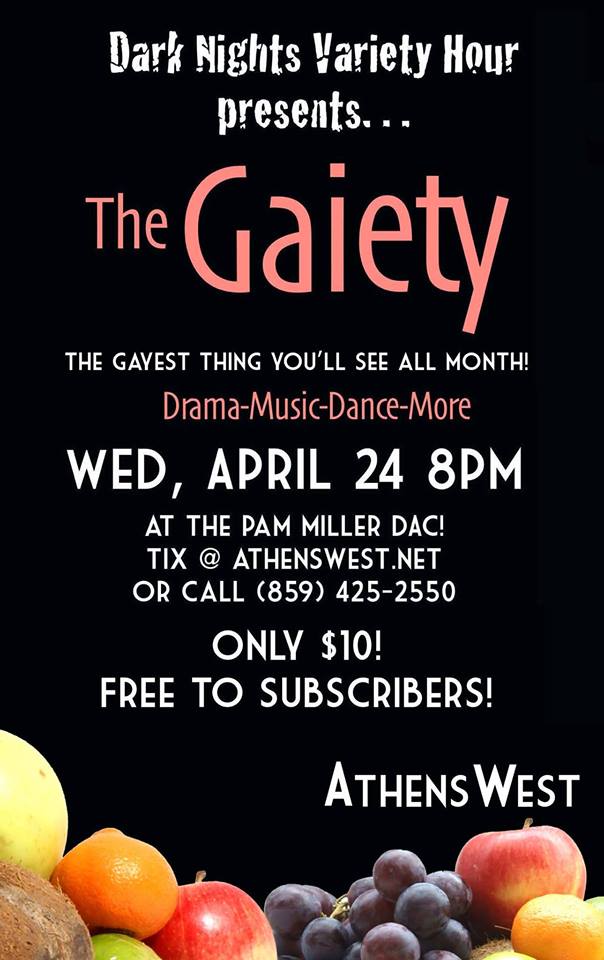 DACLexington's tweet photo. It’s time for another Dark Nights Variety Hour performance!

Join us for an hour of entertainment! The show begins at 8pm &amp; there will be refreshments from the house bar in the lobby beforehand.

Admission is $10.00 but if you are anSeason Subscriber you get in free! https://t.co/UKDVrsk4fD