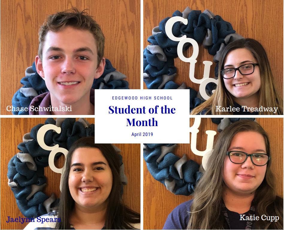 Our EHS Student of the Month winners are: Chase Schwitalski, Karlee Treadway, Jaelynn Spears &amp; Katie Cupp. Congratulations to these students who are academically successful, help others, have an excellent work ethic &amp; demonstrates many of our Cougar Character Traits! #OnceACoug