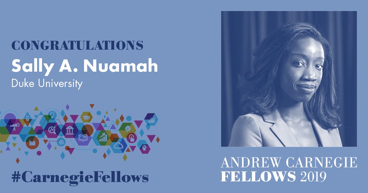 I'm so pleased to announce that I was just named a 2019 winner of the Andrew #CarnegieFellows program aka the 'brainy award.'
 
My plan is to examine the relationship between the punishment of black women/girls and their political participation!
carnegie.io/2Pd8wLf