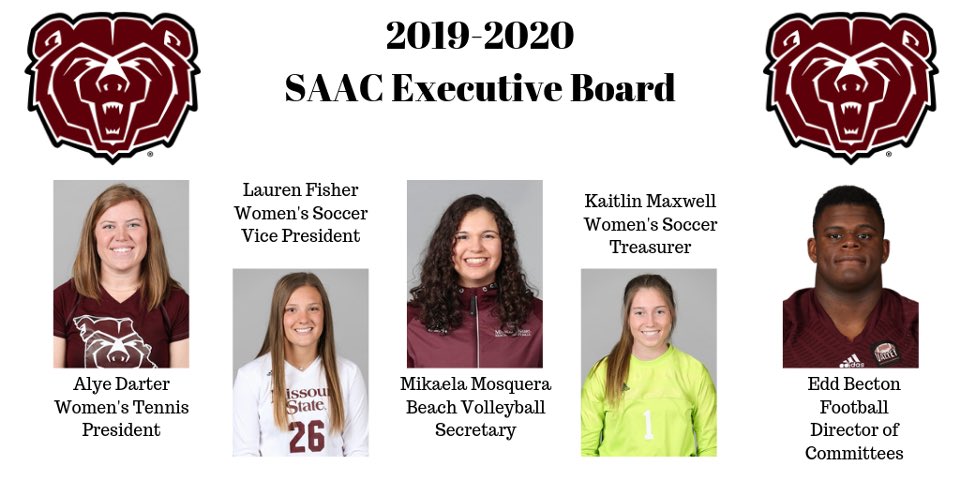 SAACMOState's tweet photo. A congratulations is in store to these excellent student-athletes. They have been voted on by their peers to lead SAAC next year!!! Congrats! #bearup #studentleaders 🐻⤴️ @alye_caitlyn8 @BectonEdd @kait_maxwell @lofish_26 @Mikaela5210 https://t.co/mXxSsNB8nB