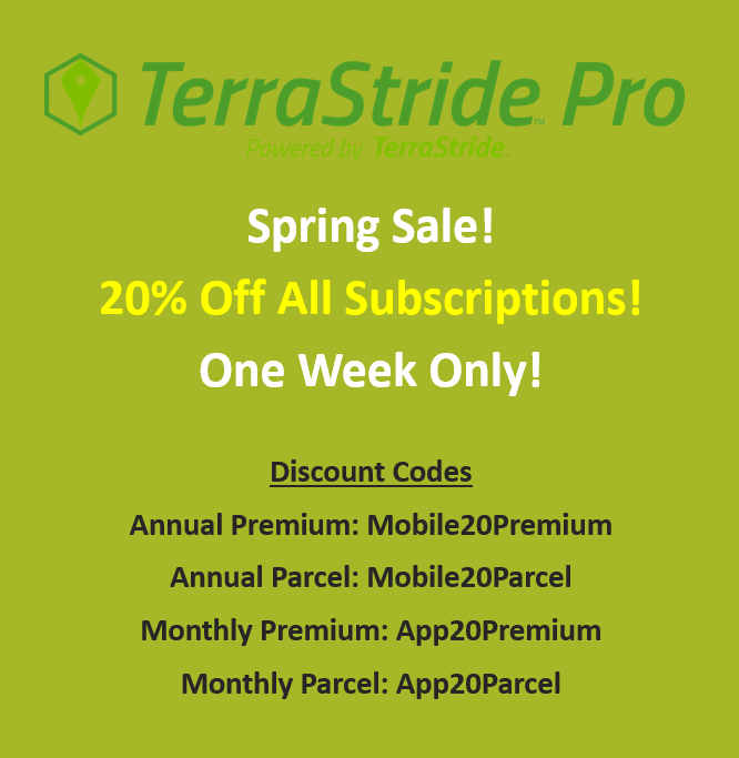 TerraStride's tweet photo. Don't miss our Spring Sale! One week only! 20% off all TerraStride Pro subscriptions! Access subscriptions on the website and new #mobileapp! #SALE #land #realestate #marketing #map #mapping #tech #ranch #farm #landowner #buyland #sellland #landforsale https://t.co/mIQnVUqXqX
