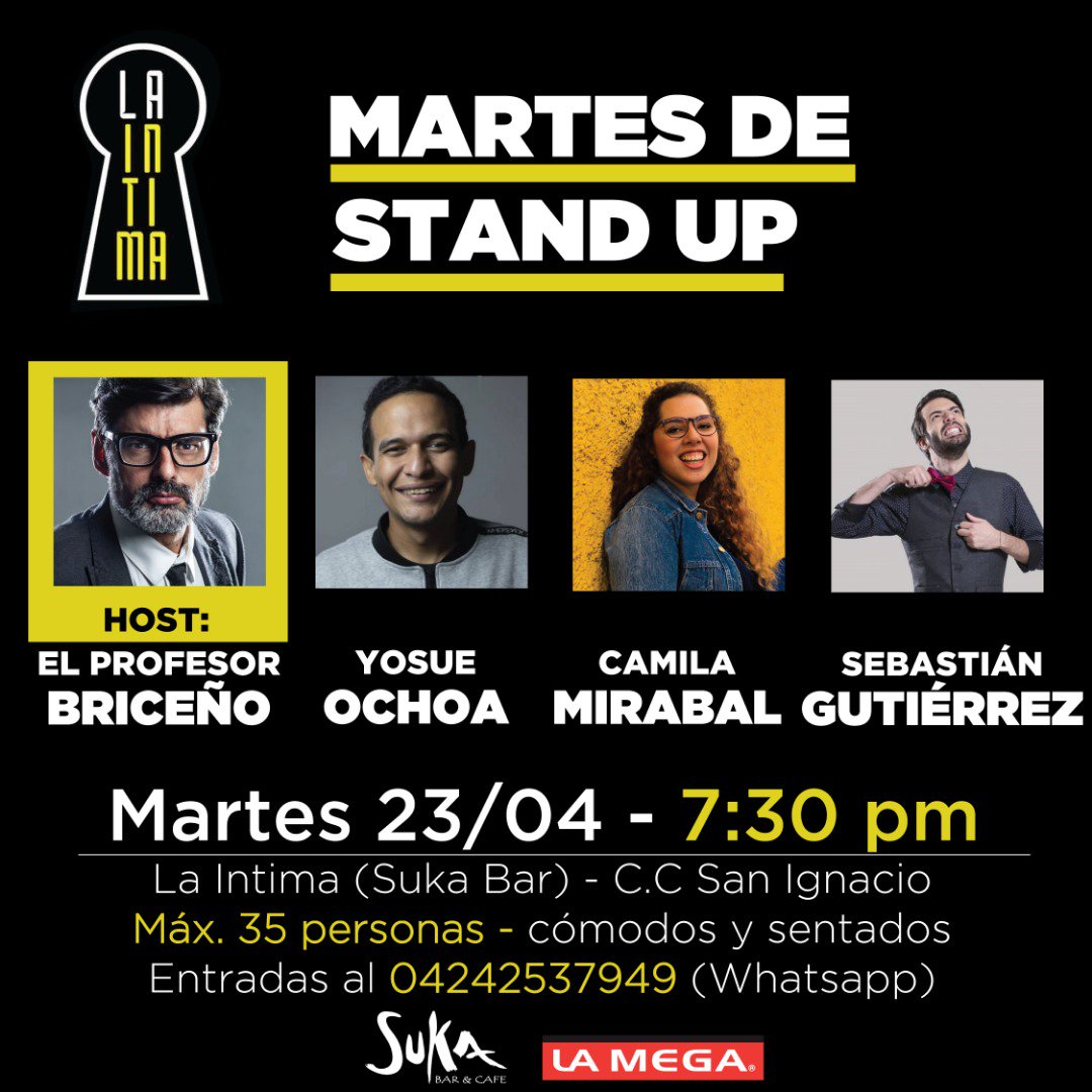 profesorbriceno's tweet photo. ¿Dónde podré ver comediantes, comer, beber y hacerlo SENTADO como en cualquier club de comedia del mundo? en @SukaBar #LaIntima todos los martes como hoy @SebasGutierrez @YosueOchoa @camimirabal https://t.co/i4pNEeTqsT