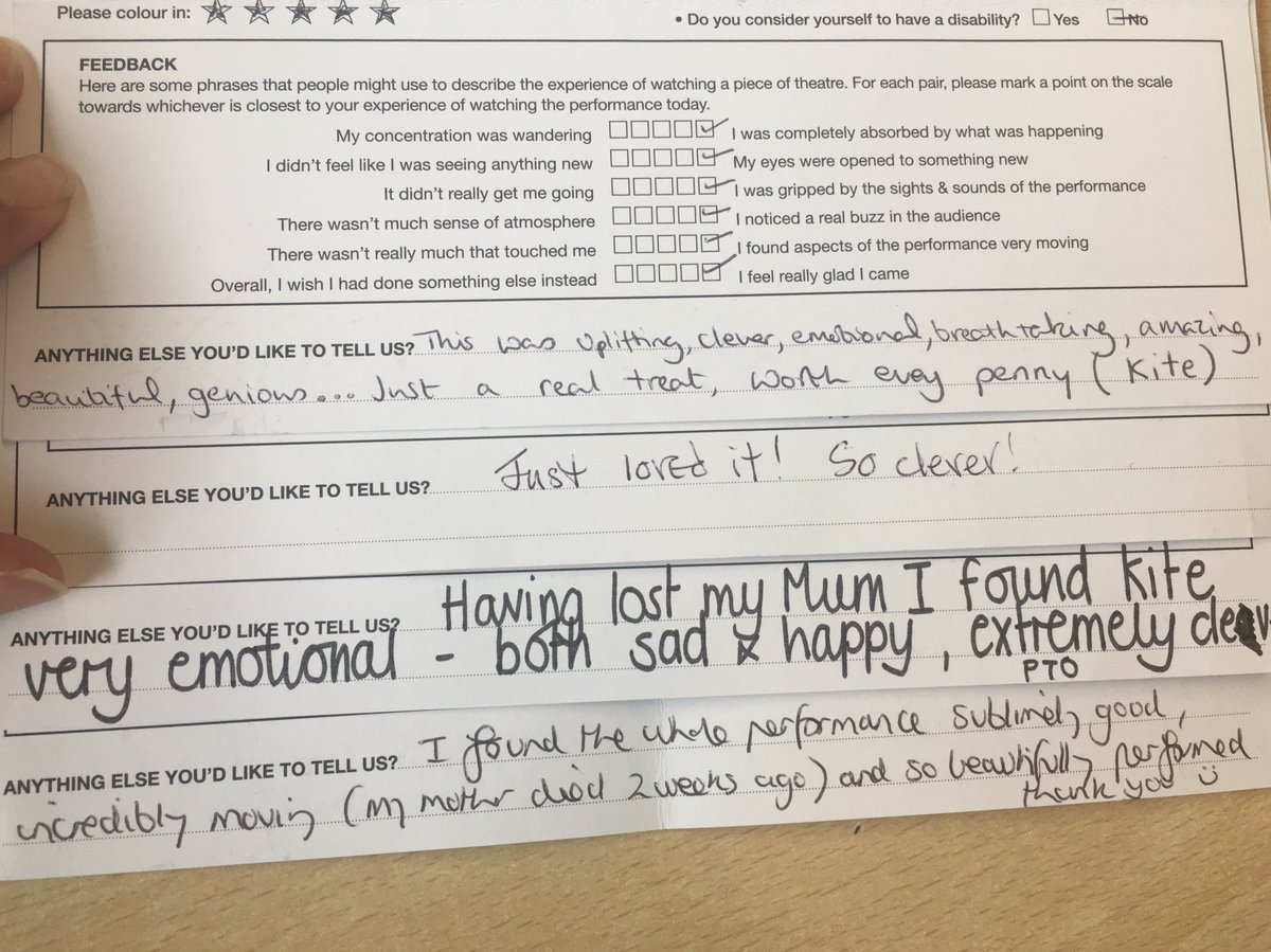 Thank you for your super powerful #KITEplay audience feedback.

"This was uplifting, clever, amazing, beautiful, genius....Just a real treat, worth every penny." 

Final UK tour dates fast approaching:
<a href="/LutonTheatre/">Luton LibraryTheatre</a> 9 May.
<a href="/TRwinchester/">Theatre Royal Winchester</a> 11 &amp; 12 May.