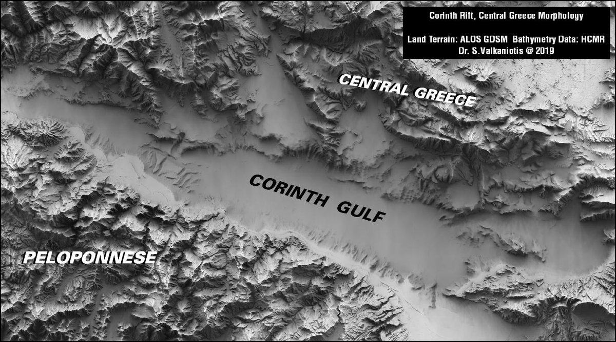 SotisValkan's tweet photo. #CorinthRift in all its magnificence: combining terrain &amp; bathymetry, revealing the complexity of fault structures. SkyView rendering using GrShade command from #MicMac, is 10x fastest than other similar skyview tools (e.g. SAGA or GRASS) https://t.co/YwyWjbIrXi