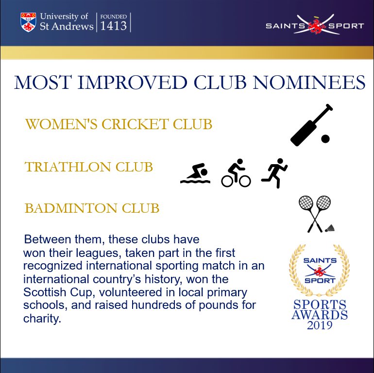 SaintsSport's tweet photo. Here are the nominees for Saints Sport Most Improved Club.
Congratulations  to the clubs who’ve been nominated, the winner will be announced at Sports Awards on Thursday 🏆 
@ustacricketw 
@UStATriathlon 
@ustabadminton 
#evertoexcel #gosaints #sportsawards19 #inspiringexcellence https://t.co/H4Wgy9dfVF