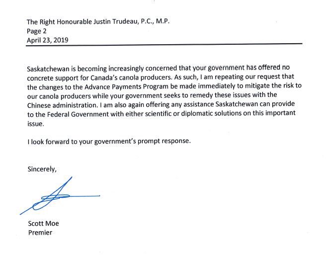 Today I sent a letter to PM <a href="/JustinTrudeau/">Justin Trudeau</a> - it’s been 3 weeks now since we discussed changes to the cash advance program in meetings with Ministers Bibeau, Carr, and Freeland to help our canola producers impacted by the trade dispute with China.

Our farmers need an answer now.