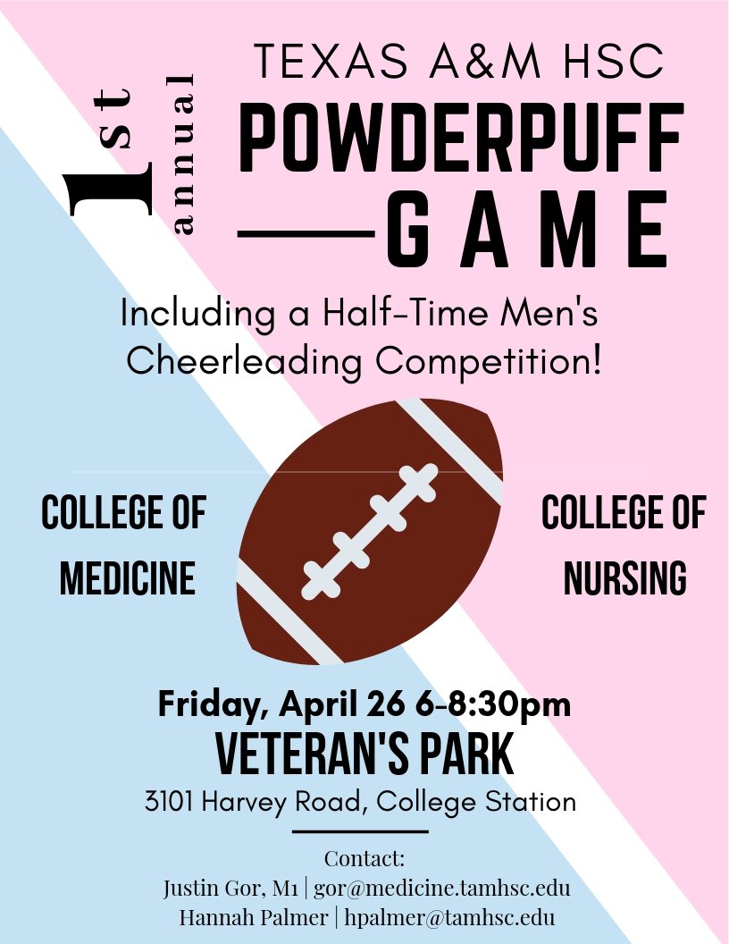 TAMUHealth's tweet photo. It's time for the big game! Come and join us at Veteran's Park on Friday, April 26, from 6 - 8:30pm for the @TAMHSC Powder Puff game between @TAMUmedicine and @TAMUnursing. #TAMUHealth #GameDay #AggieDocs #AggieNurses https://t.co/ukqszafIaX
