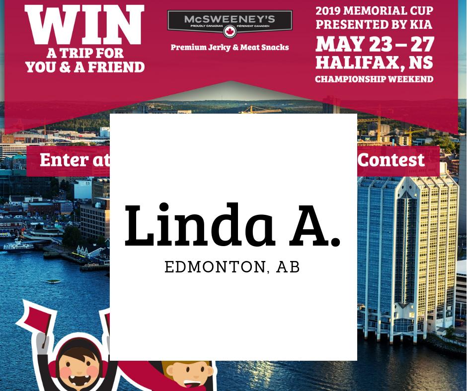 A HUGE congratulations to the winner of our #WHL Championship Weekend contest! Linda A. from #Edmonton #AB will be headed to the <a href="/CHLMemorialCup/">Memorial Cup presented by Kia</a> in Halifax NS. 

Thank you to everyone who entered!