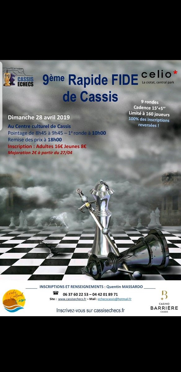 J-5 avant le début du tournoi rapide de Cassis. Déjà plus de 80 joueurs se sont inscrits, ne tardez plus! 
Plus de 50 prix sont à gagner et nous sommes heureux de compter parmi nos partenaires le casino Barrière Cassis. #cassisechecs #cassis #chess #échecs #FFE