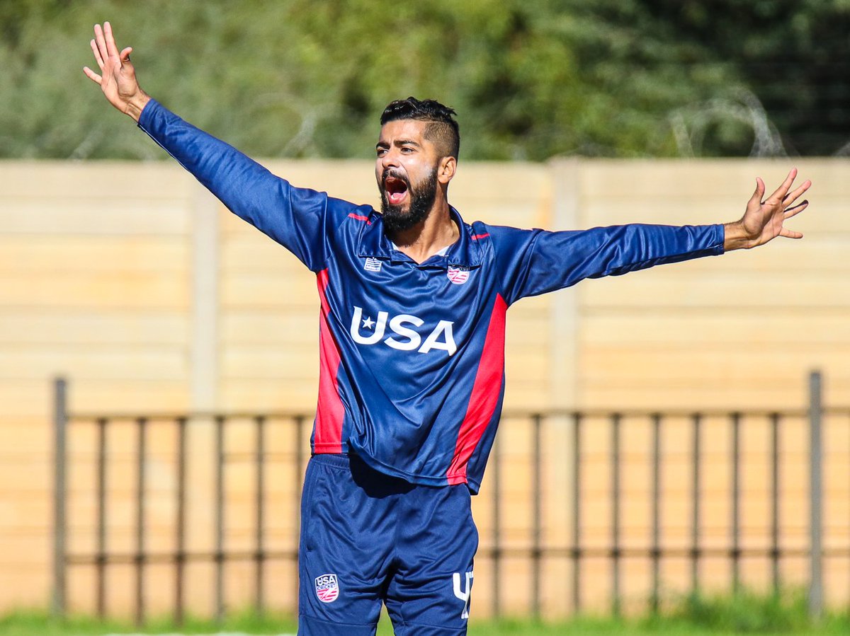 This image has been a recurring them over the last few days in Windhoek. Another @IamAlikhan23 lbw shout upheld, this time on PNG captain Assad Vala for Khan's tournament leading 12th wicket. Coming into WCL D2, Ali Khan had 16 wickets in 14 career 50-over matches for USA.