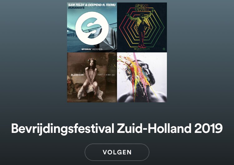 Bevrijdingsfestival (@bfzh) on Twitter photo Kom alvast in de stemming met onze playlist op Spotify! We hebben een mooie lijst met artiesten gemaakt, die dit jaar op #Bevrijdingsfestival Zuid-Holland staan. Mis je nog een nummer? Laat het weten, dan voegen wij hem toe! 🎉🎼 link: spoti.fi/2Xyz9xa #geefvrijheiddoor Kom alvast in de stemming met onze playlist op Spotify! We hebben een mooie lijst met artiesten gemaakt, die dit jaar op #Bevrijdingsfestival Zuid-Holland staan. Mis je nog een nummer? Laat het weten, dan voegen wij hem toe! 🎉🎼 link: spoti.fi/2Xyz9xa #geefvrijheiddoor