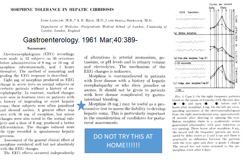 The time has come to address the elephant in the room: Opioids1st, r they safe?Fig1: Dame Sherlock gave morphine 2 ppl w/'impending HE' (BAD IDEA)Fig2: But later study suggest NO EEG change s/p morphineFig3: Patwardhan showed that morph metabolism is PRESERVED in  #cirrhosis