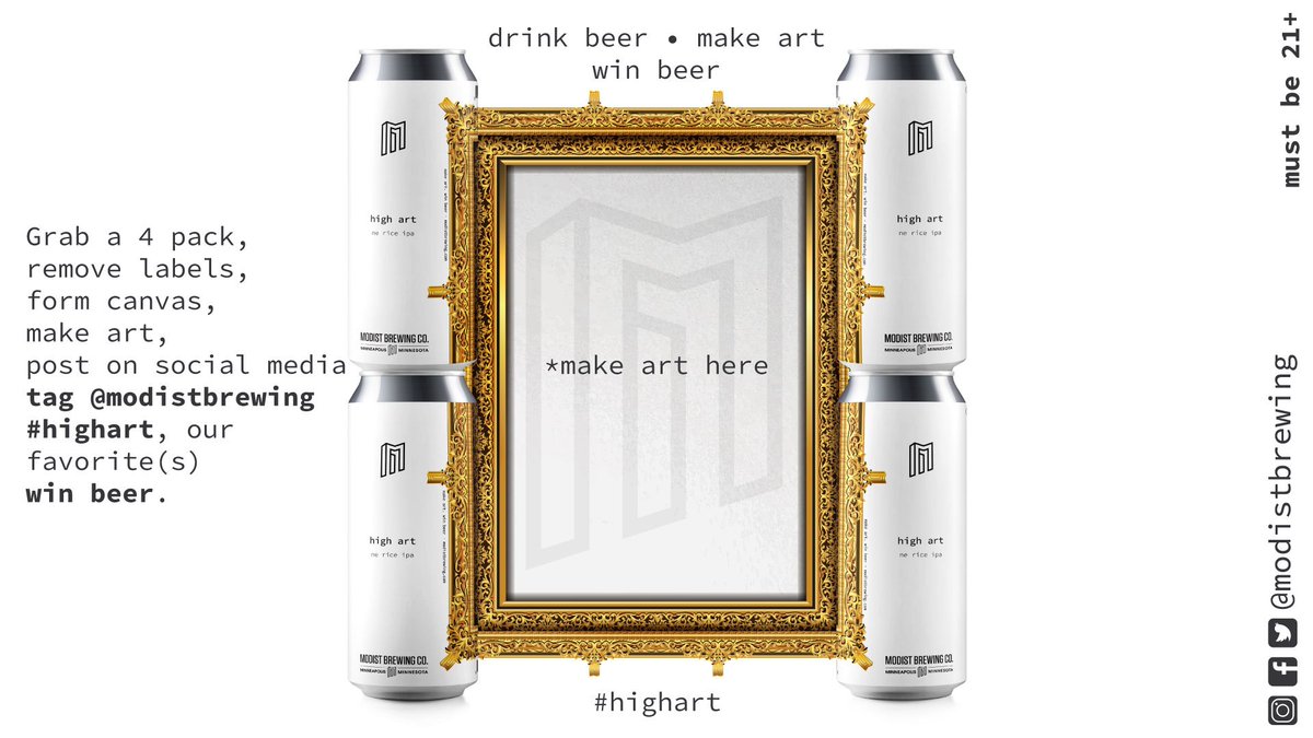 ModistBrewing's tweet photo. Introducing, High Art 🖼, a NE Rice 🍚 IPA brewed! Grab a 4 pack, peel labels, form canvas, make art, post art tag @modistbrewing & #highart, win beer!
In cans beginning Monday, April 29th, on tap Saturday, April 27th. More info at https://t.co/mvQzyu5ulW
#MNBeer #RiceIPA #Art https://t.co/1qFlLEAJqp