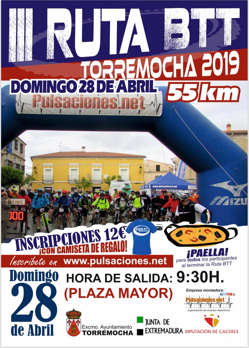 MancoMontanchez's tweet photo. II RUTA BTT TORREMOCHA 2019

El domingo 28 de abril, Torremocha celebra su III Ruta de BTT. Las inscripciones en la web de https://t.co/dAzawZSsum. La salida será desde la Plaza de España a las 9:00 horas. Al finalizar todos/as los/as participantes podrán disfrutar de una paella. https://t.co/lywRT0sjD0