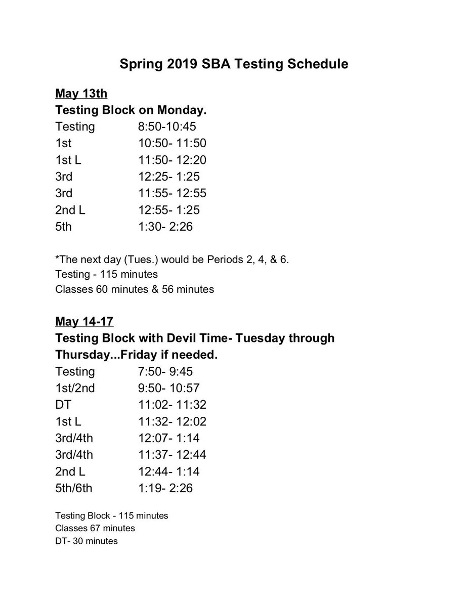 Spring SBA Math Testing Schedule Below.  Questions?  Contact your child's counselor.