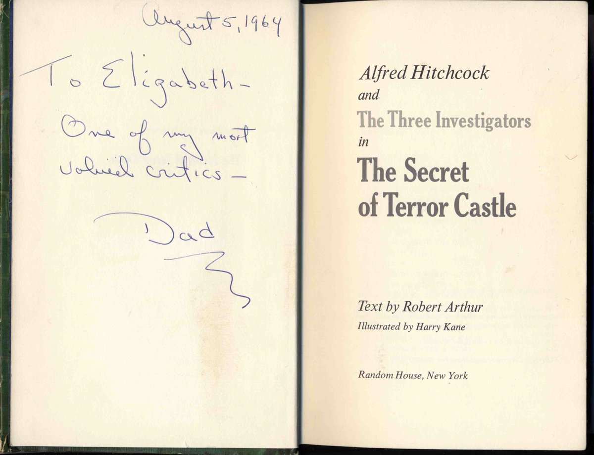 A scan of the first edition of Terror Castle, inscribed by my father on August 5, 1964. I was 10 years old then, and my father was starting a whole new career at 54. He died before he could know how many readers (other than me!) The Three Investigators would eventually reach.