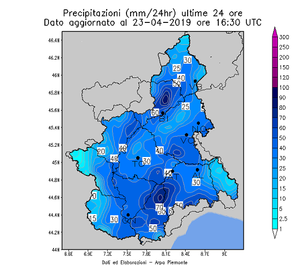 Nevicate ultime 24 ore: Rifugio Gastaldi (TO) 36 cm,                            Limone Pancani (CN) 35 cm, Lago Agnel (TO) 27 cm #neve
Piogge ultime 24 ore:  Camparient (BI) 120 mm, Roddino (CN) 82 mm,      Alba Tanaro (CN)  70 mm, Torino 35 mm #pioggia