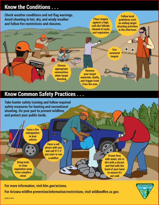 BLMAZFire's tweet photo. Planning your next outdoor adventure? Here are some are tips for target shooting or hunting safely and preventing wildfires. Know your destination, regulations, the conditions, and common safety practices. #TreadLighlty #RespectedAccessIsOpenAccess #OneLessSpark https://t.co/RYfOVIgqXi