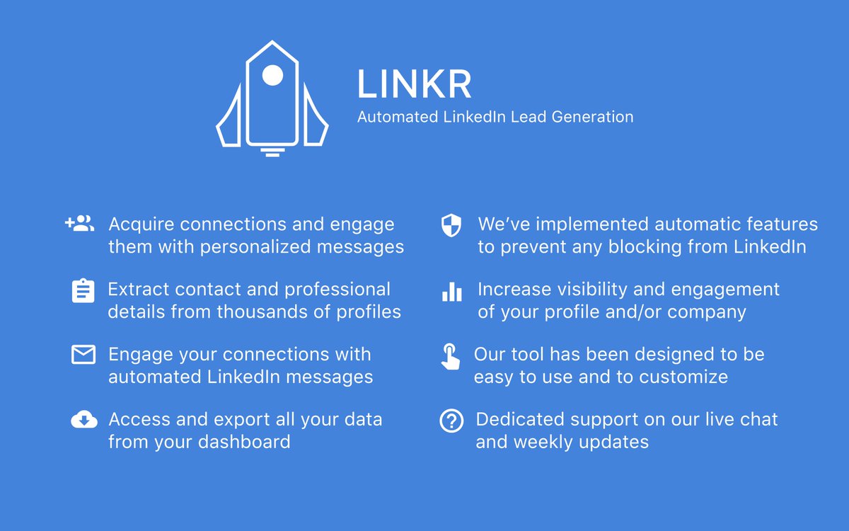 HelloLinkr's tweet image. Hello! Linkr is out now in beta 🚀

We have created Linkr to help you grow your business easily with our Automated LinkedIn Lead Generation tool.
And good news, during beta, Linkr is totally FREE!

#leadgeneration  #linkedin  #free  #growyourbusiness  #goodnews #automated