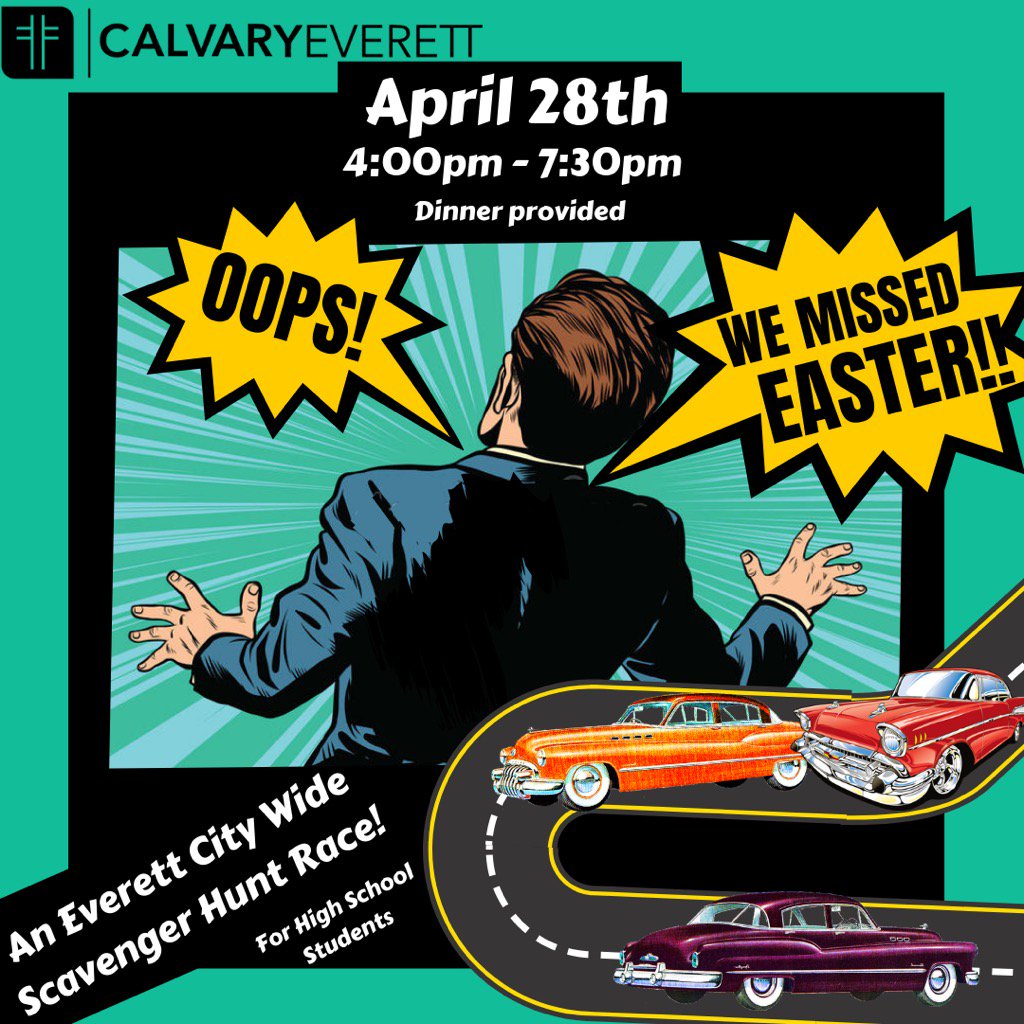 CalvaryEverett's tweet photo. On April 28th we have a High School Scavenger Hunt Race. We want to invite you.
Come on out 4pm-7:30pm
_
#scavengerhuntrace #calvaryeverett https://t.co/NdXLVTjzSO