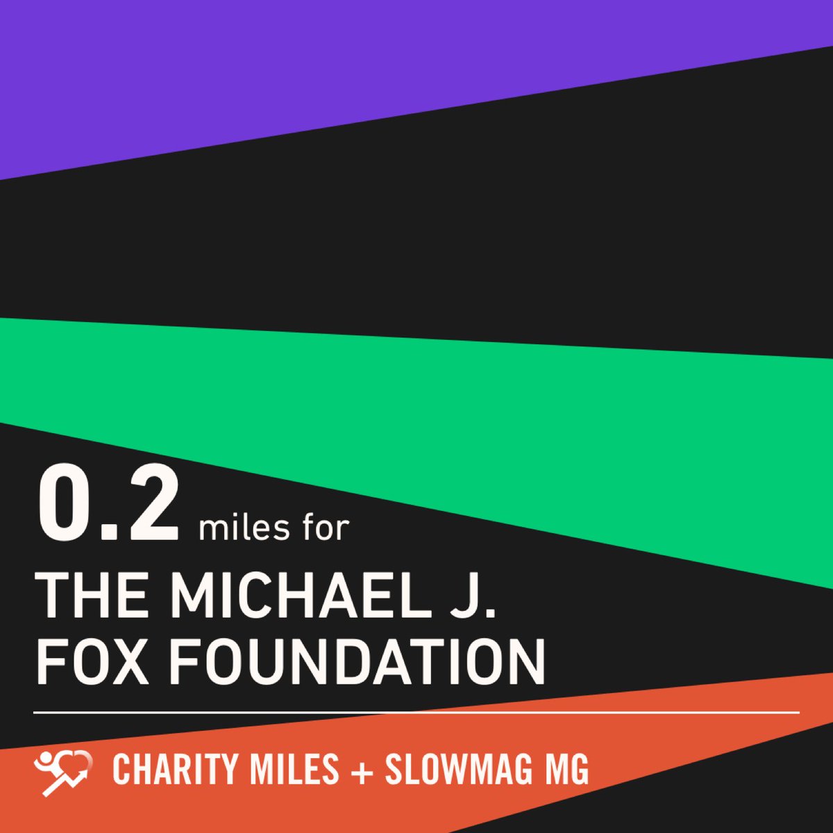 0.2 <a href="/CharityMiles/">Charity Miles</a> for <a href="/MichaelJFoxOrg/">michaeljfox.org</a>. Thx #SlowMag for sponsoring me.