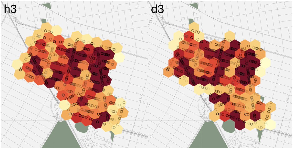 pstuffa's tweet photo. #Uber's #H3 lib is pretty neat. But how does it compare to #d3's #hexbin plugin?? Your questions are finally answered: https://t.co/auPsgNaOIb
(and if you have a better way to compare hexbins, plz holla!) https://t.co/NFMQr2Ffuy