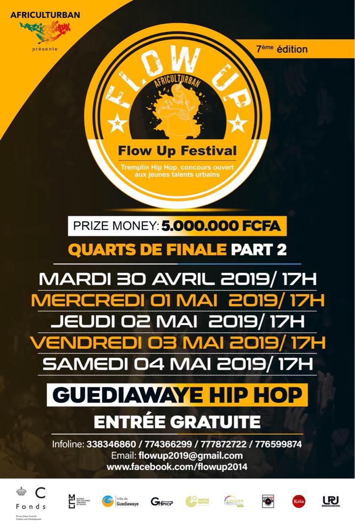 FLOW UP #7 
RV ce Mercredi 24 avril  à 12h 00 pour la publication de la liste des candidats retenus.
Pour le tirage au sort, 1 live Facebook sera diffusé le même jour  à 18h. 
Les 1/4 finale se dérouleront du 30  Avril au 04 Mai à 17h de façon simultanée entre G Hip Hop et  MCU.