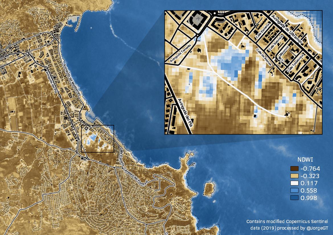 Floods in Xàbia seen by <a href="/CopernicusEU/">Copernicus EU</a> Sentinel-2 NDWI index, processed with <a href="/ESA_EO/">ESA Earth Observation</a> SNAP and <a href="/qgis/">QGIS</a>. Additional data via <a href="/IDEESpain/">IDE España</a> &amp; <a href="/stamen/">Stamen Design (@stamen@vis.social)</a>