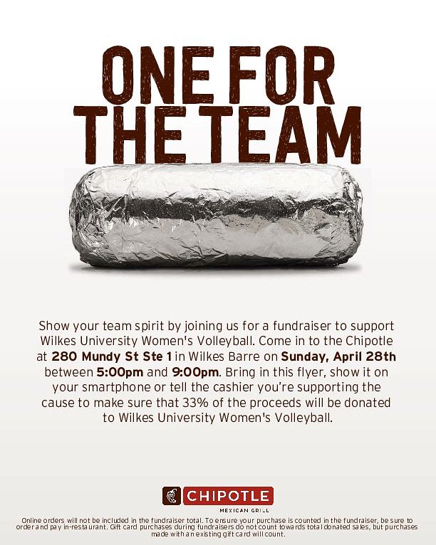 WilkesSAAC's tweet photo. Visit Chipotle this Sunday April 28th from 5 to 8 to support Wilkes Women's Volleyball! Make sure to bring a flyer or let the cashier know you're there to support the team https://t.co/mK8YuxJ3XU