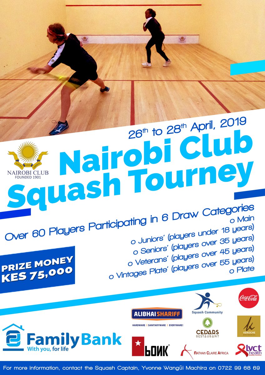 NC_Squash's tweet photo. The #Nairobi Club is hosting a #Squash #Invitational #Tournament from the 26th to 28th of April; we invite all squash lovers to come watch some spectacular Squash 
#NCInvitational #NairobiClubSquashInvitational #SquashAtNairobiClub #Squash #NairobiClub https://t.co/3Tcg9amYtq