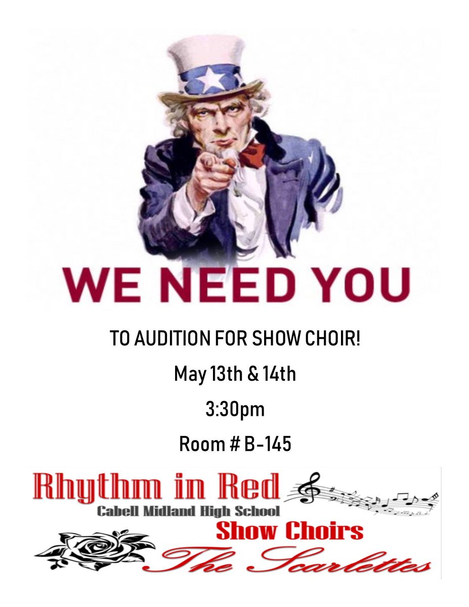 CMHSRhythmInRed's tweet photo. We need YOU to audition for show choir! Auditions are scheduled for May 13th & 14th and are open to anyone who will be a student at Cabell Midland during the 2019-2020 school year. WE ESPECIALLY NEED MORE GUYS TO AUDITION! #RhythmInRed #TheScarlettes #YouShouldBeInShowChoir https://t.co/iUpsnSvkP1