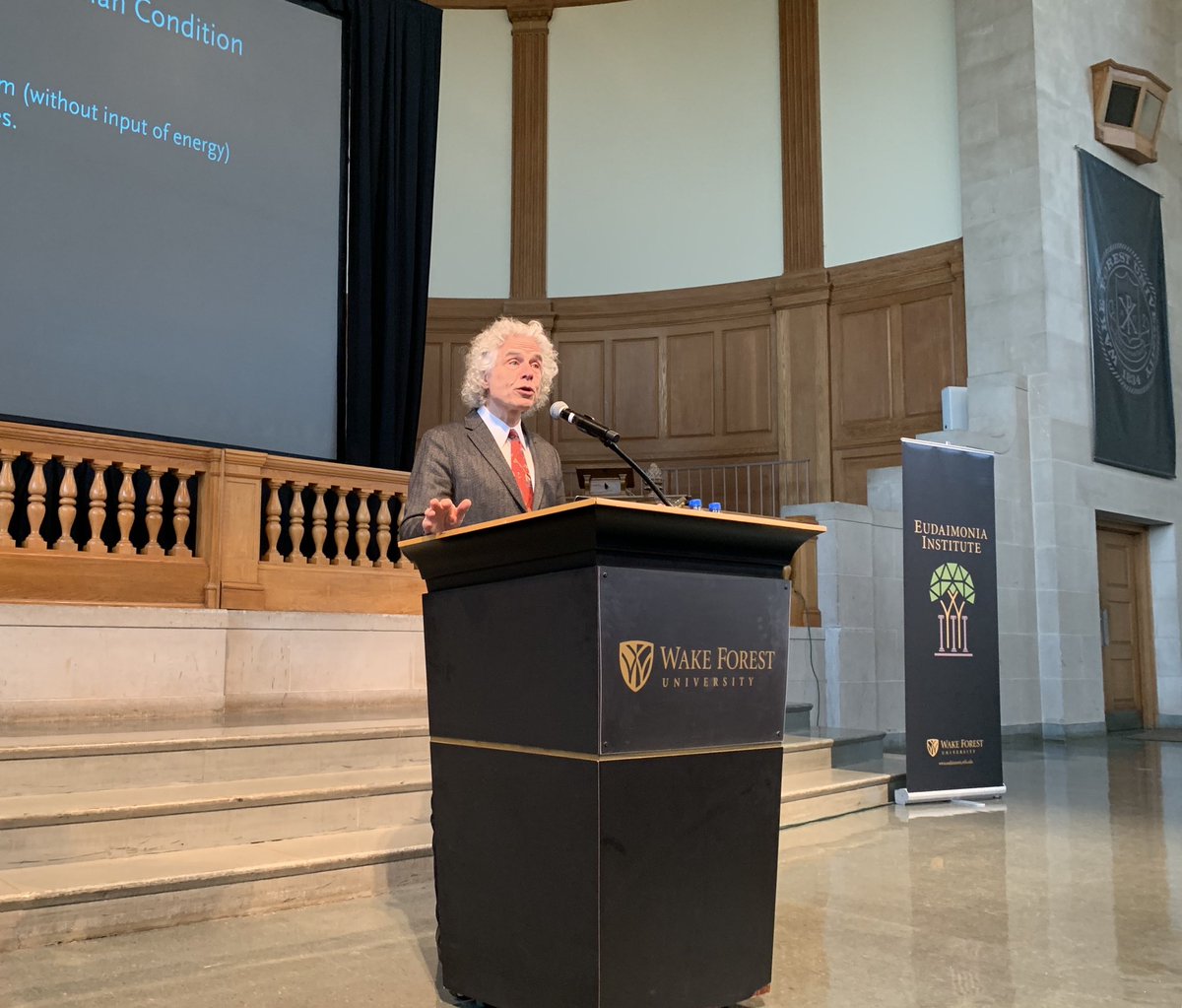 “One might say that Eudaimonia through Noesis is the greatest human goal.” <a href="/sapinker/">Steven Pinker</a> @WFEudaimonia <a href="/WakeForestNews/">Wake Forest News</a> #noesislecture