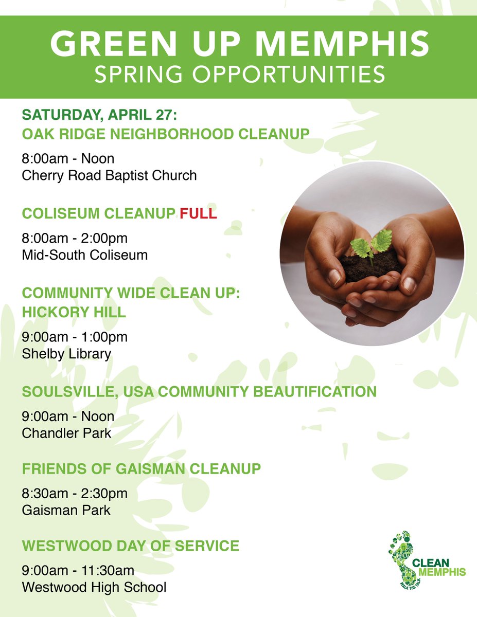 Help 💚 Green Up Memphis 💚 this weekend by serving your community with several volunteer opportunities! For more information on each cleanup, visit: CleanMemphis.org