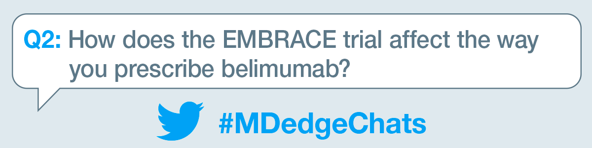 MDEdgeTweets's tweet photo. #Mdedgechats, Question 2: How does the EMBRACE trial affect the way you prescribe belimumab? #rheumatology #medicine #rheumatoid #pain #arthritis #rheumatoidarthritis #dor #fibromyalgia #fibromialgia #espondilite #artrite #osteoporosis #artrose #reumatologia #osteoporose #bhfyp https://t.co/Otia05N19S