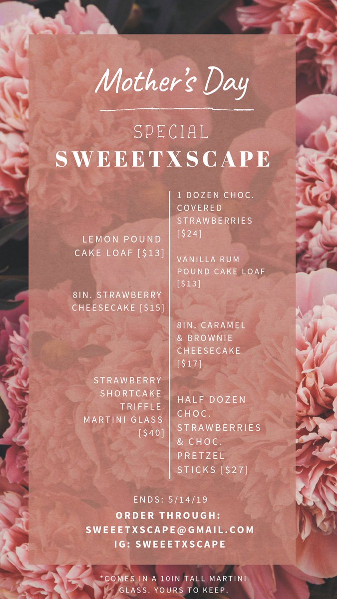 SweeetXscape_'s tweet photo. Mother’s Day 💝💐 is only 19 days away & it’s never too early to start looking at #gifts 🎁. Check out our special!!Ends 5/14/19 (full payments only via Square Invoice) also check out our regular menu!!
.
.
#sweeetxscape #dmv #sitw #giftsformom #hamptonroads https://t.co/1pgLSkAtG9