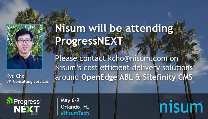 nisumtech's tweet image. Nisum to attend #ProgressNEXT19! Reach out to learn about our technology capabilities and Agile Next Door(SM) distributed delivery model with @ProgressSW applications, including #OpenEdgeABL and #SitefinityCMS nisum.com/nisum-bts.html @Sitefinity @ProgressPartns