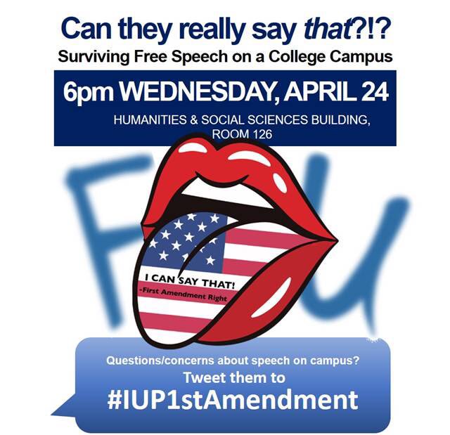 IUPpolisci's tweet photo. The 1st Amendment’s protection of speech can be confusing, even frustrating. Let’s talk about it.  IUP President Driscoll wants to hear your concerns. 6pm TOMORROW, HSS126. @IUPWordsMatter #IUP1stAmendment https://t.co/9lEseSY2qe