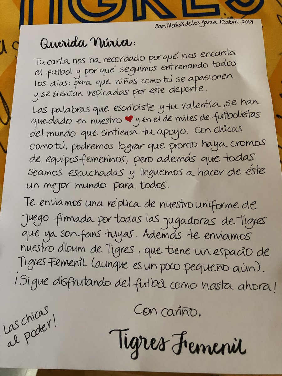 JaviCebrian_'s tweet photo. ‼️‼️La carta de Núria a @paninicromos traspasa fronteras y obtiene respuesta desde el otro lado del Atlántico 🇲🇽🤝🇪🇸Gracias @TigresFemenil por contribuir a potenciar la visibilidad de la mujer en el mundo del deporte 🙋‍♀️⚽️ 🤙 https://t.co/UGUDOBSBVl