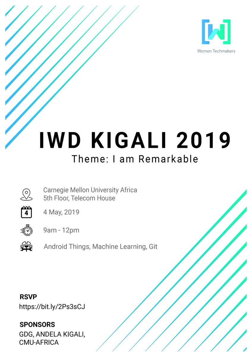 Kigali, ARE YOU READY???

It's time to celebrate and learn. 🥳

Glad to announce IWD Kigali 2019 hosted by @GdgKigali in conjunction with @Andela_Kigali & @cmu_africa.

Register here 👉 bit.ly/2Ps3sCJ

#WTM19 #WOMENTECHMAKERS #WTMKIGALI #IWD19 #IWDKIGALI #IamRemarkable