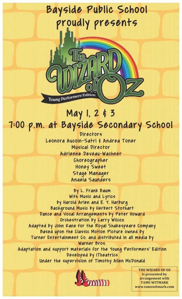 BaysidePublic's tweet photo. There’s no place like Bayside! Our “Wizard of Oz” fundraiser performance is on Friday, April 26th at 6:00 pm at Chapters in Belleville. Make a purchase at Chapters anytime on Friday, mention Bayside and support theatre at BPS! @HPEschools @bssnews @chapters931 #bpsrocks Please RT https://t.co/E6t86sAcd2