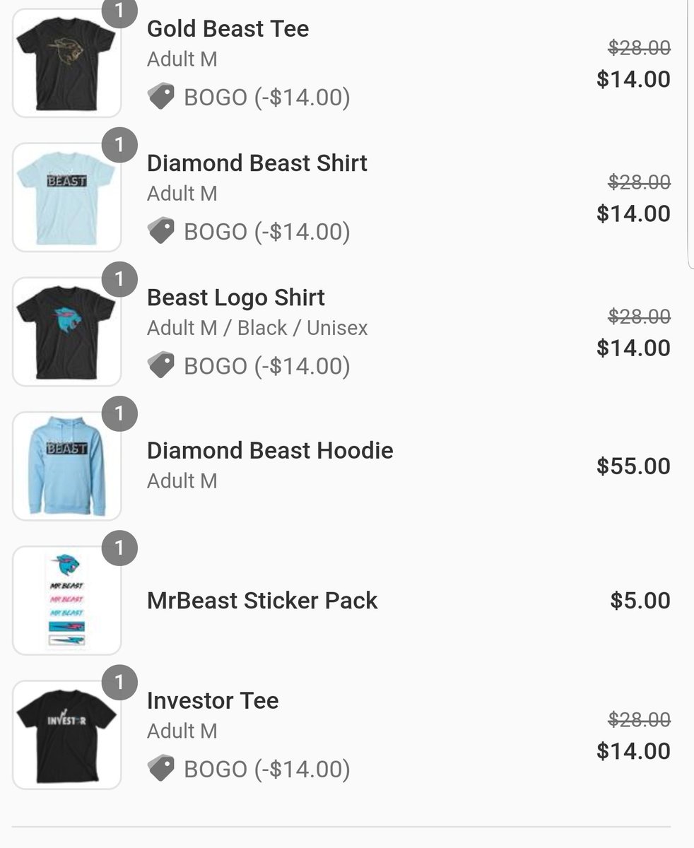 EvilEtho's tweet photo. Oh and btw it was one of everything the only thing missing is the stuff truly out of stock. Thank you buy one get 1 50% off LUL @MrBeastYT #codeChris https://t.co/N9xfxPdmZ7