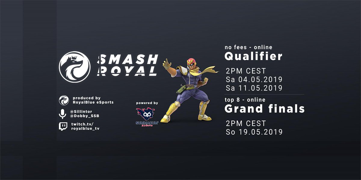 Register now for our first Smash Ultimate online prize pool tournament series #SmashRoyal!

Check out all the details here:
smash.gg/tournament/sma…

No fees - 150€ prizing - 2 qualifiers &amp; 1 final

powered by <a href="/summacum_works/">SUMMACUM®</a> 💙
#Smash #SmashUltimate #esports