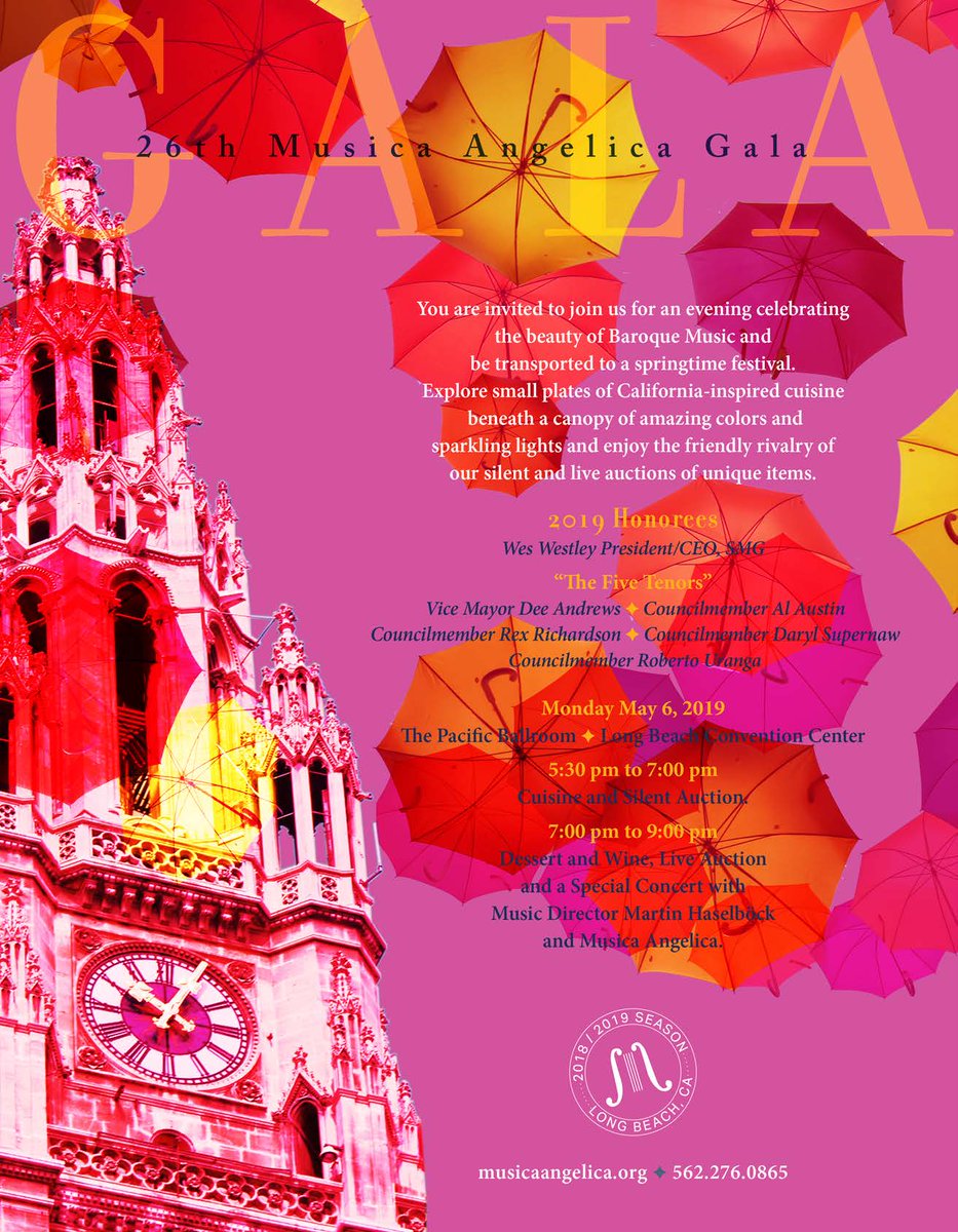 Musica Gala May 6 Pacific Ballroom in #DTLB! "First Chair Award" Honorees: Wes Westley, President/CEO, SMG; Vice Mayor Dee Andrews, Councilmember Al Austin, Councilmember Rex Richardson, Councilmember Daryl Supernaw, &amp; Councilmember Roberto Uranga. Tickets bit.ly/Gala26