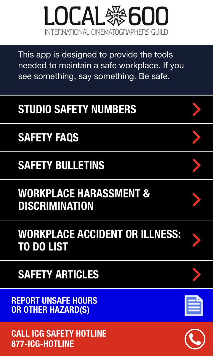 If you have not already, be sure to download the ICG Safety App from the Apple Store or Google Play. On the app, Local 600 members (and other crew members) are able to report unsafe hours, sexual harassment and other safety hazards on set. (1/2)